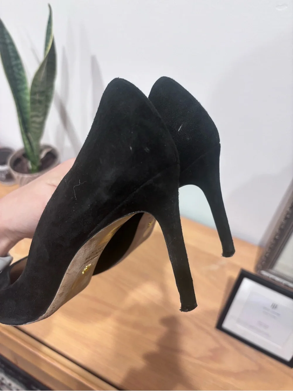 Stuart Weitzman Black Suede Pointed Pumps with Slim Heel - Picture 5 of 6